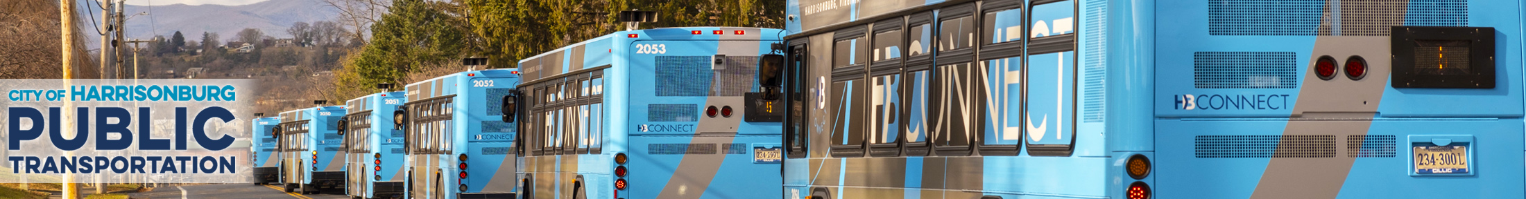 City of Harrisonburg Public Transportation in bold text with buses on the road.