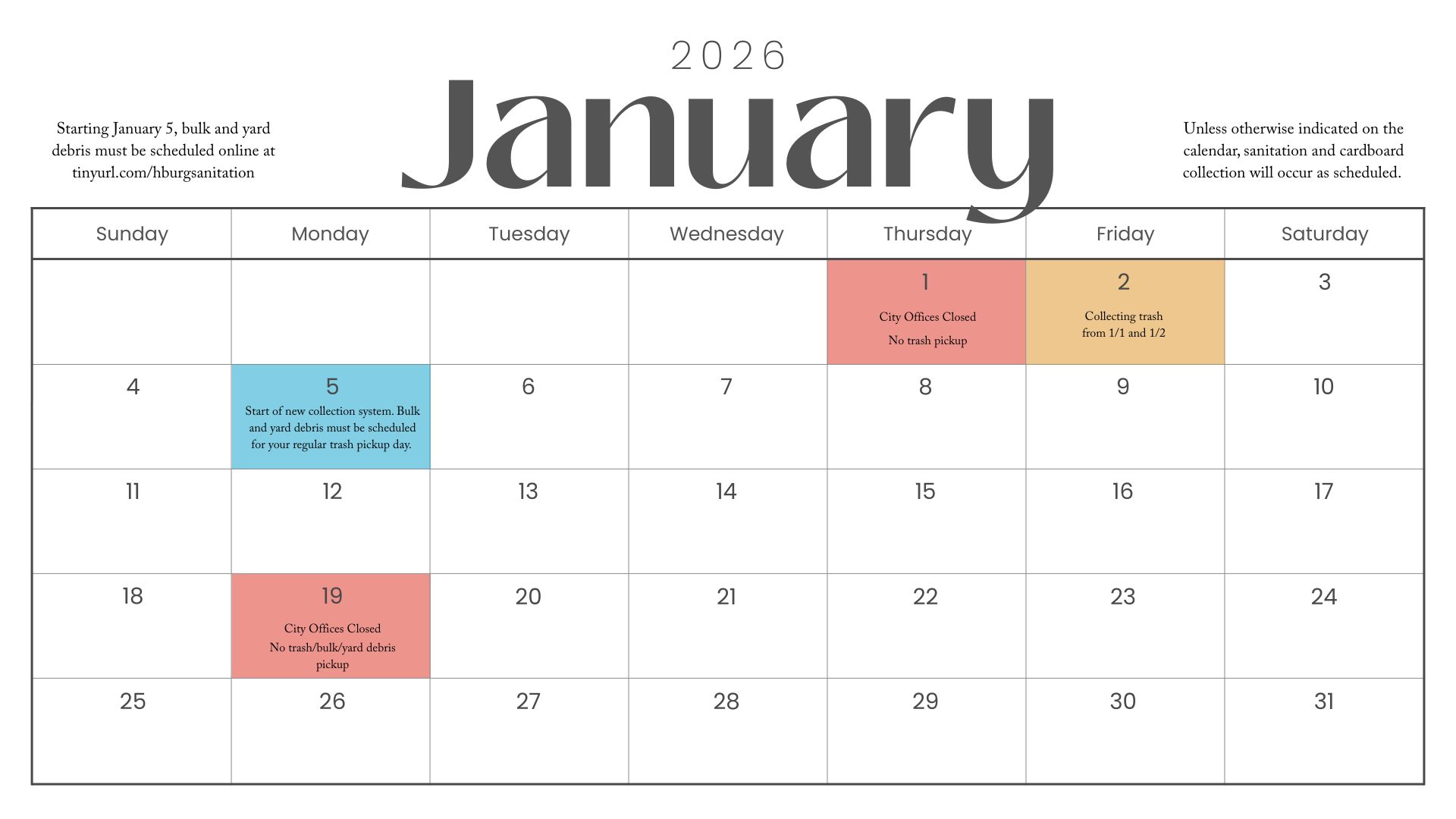 Calendar of trash collection for January 2026