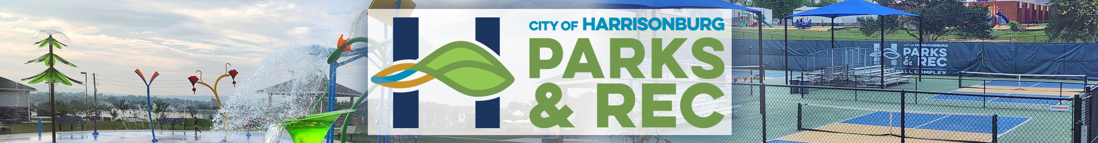 City of Harrisonburg Parks & Rec in bold text over spraygrounds and pickleball court.