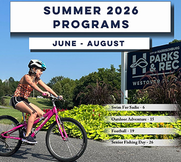 Summer 2026 Programs June to August text over girl riding bicycle past a Parks and Rec sign.