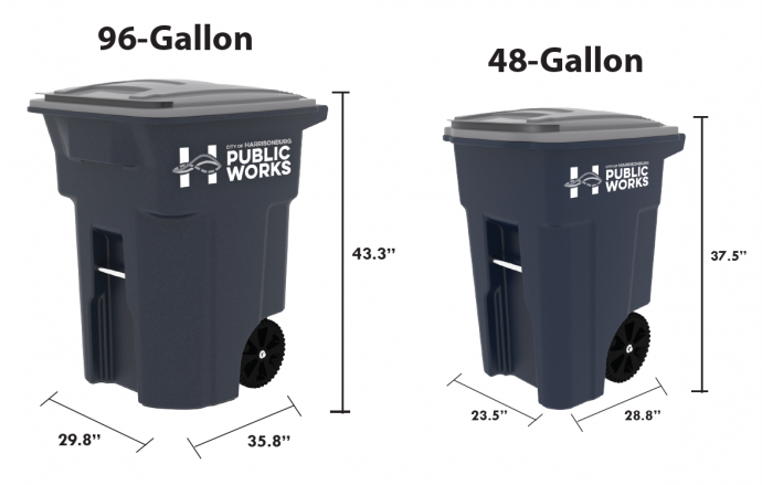 Image of 96 and 48 gallon toters with dimensions