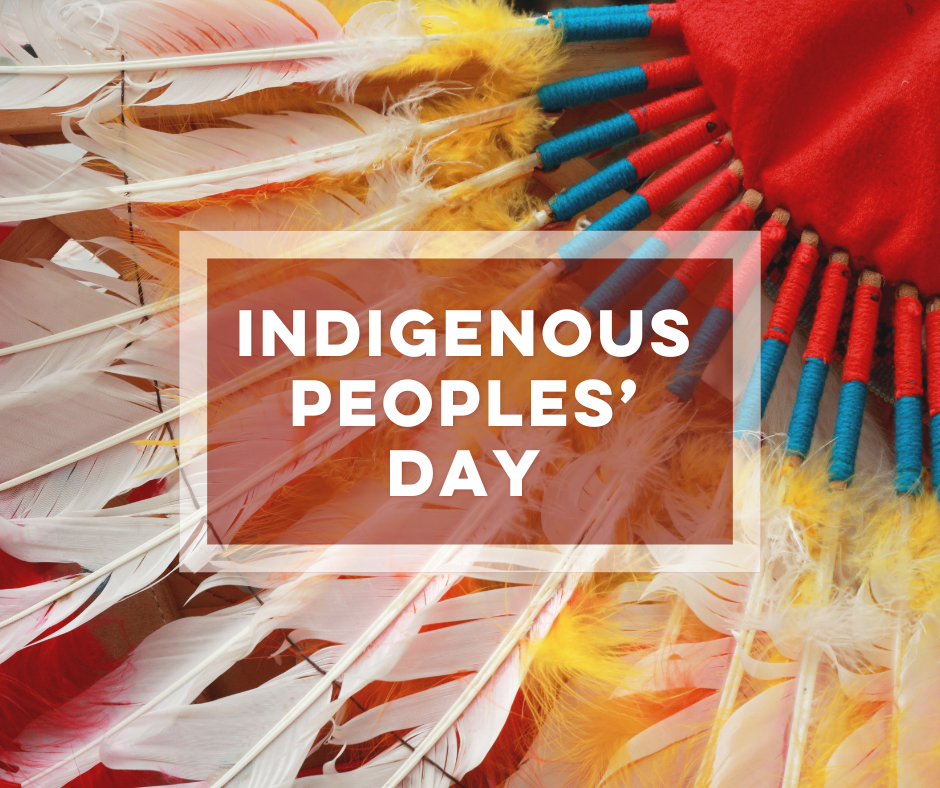 Bold text Indigenous Peoples' Day over colorful headdress