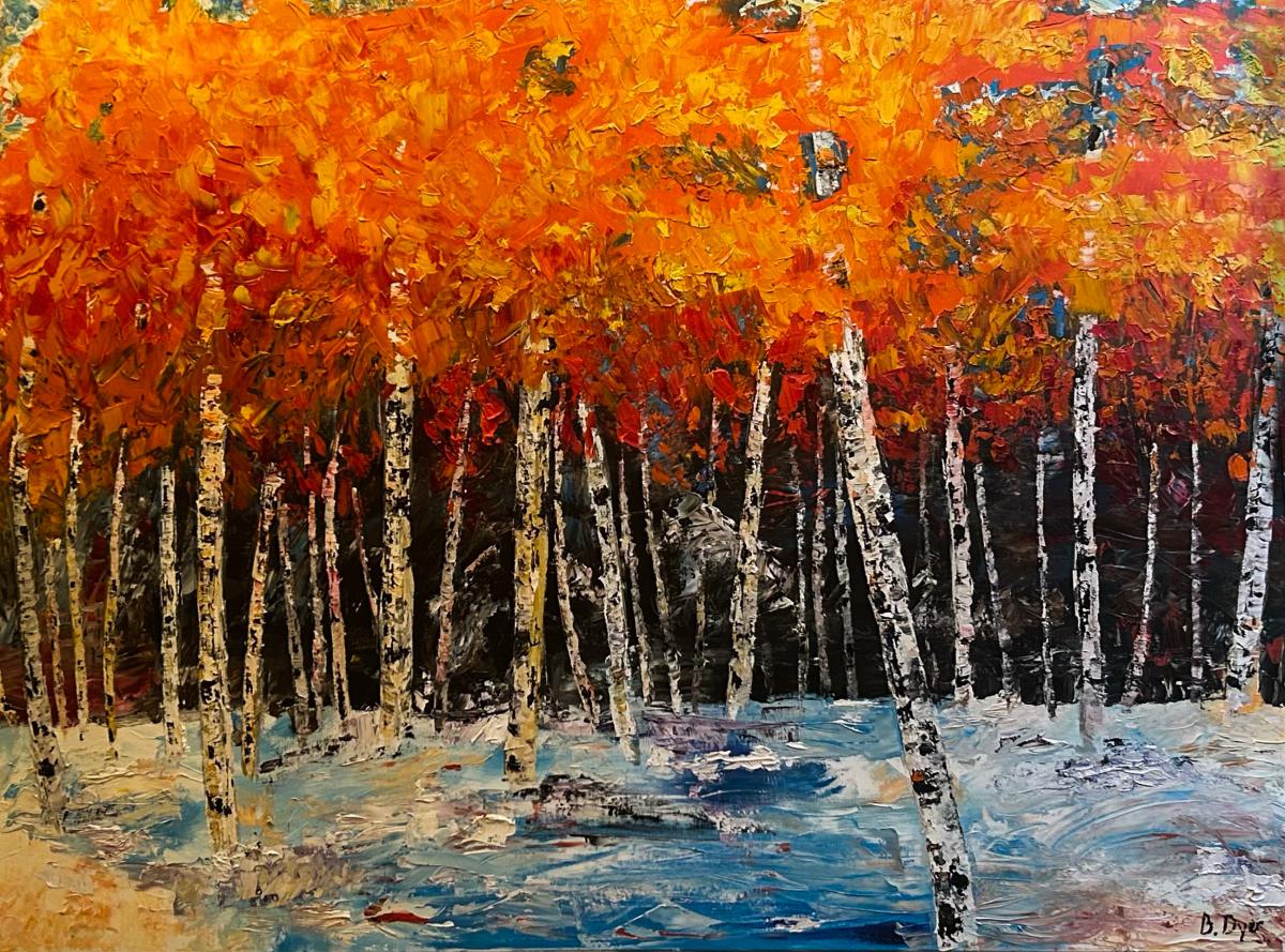 Oil painting with trees and orange leaves