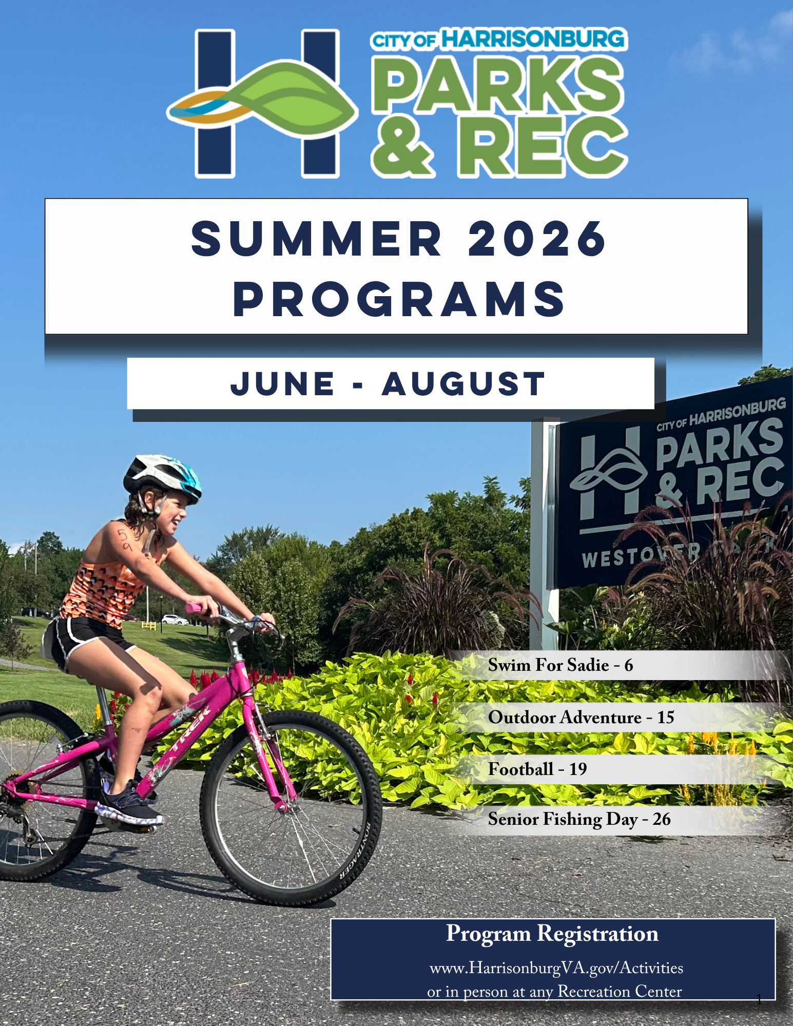 Cover of the Summer 2026 Programs June through August activity guide with a young girl biking by a Parks and Rec sign.