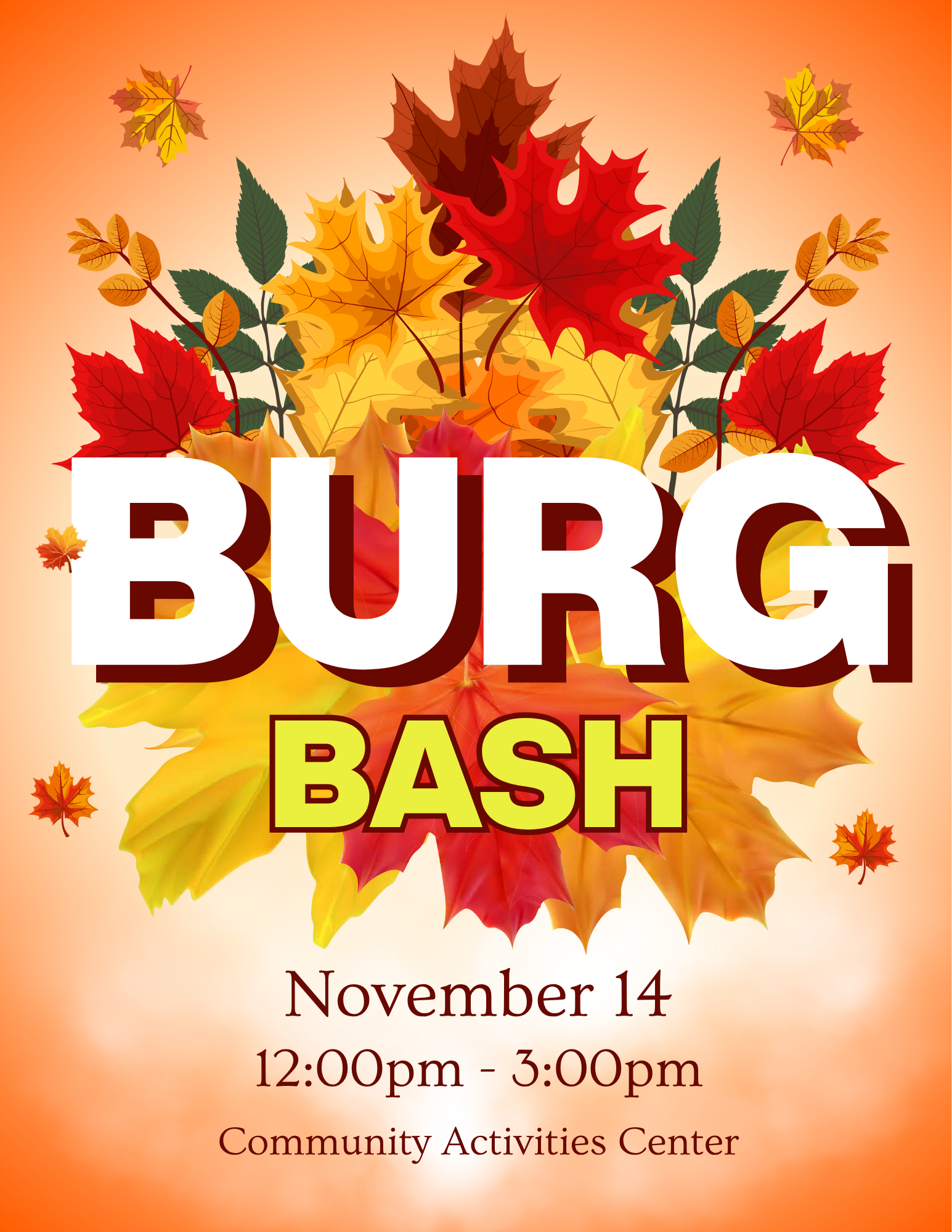 Text reads "Burg Bash November 14 12:00pm-3:00pm Community Activities Center" with colorful fall leaves.
