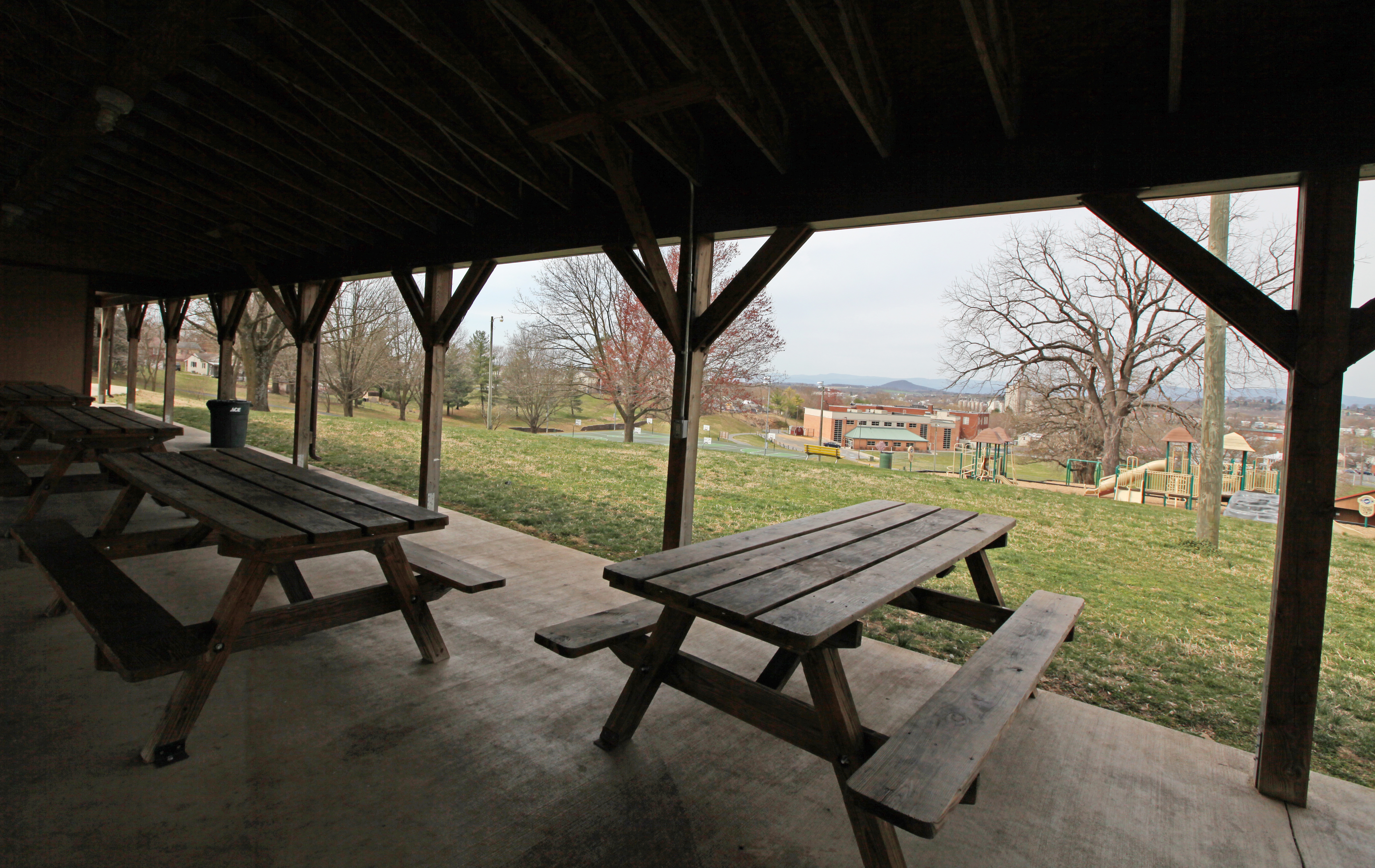 Image of several picnic tables inside a pavillion looking out on to Ralph Sampson Park