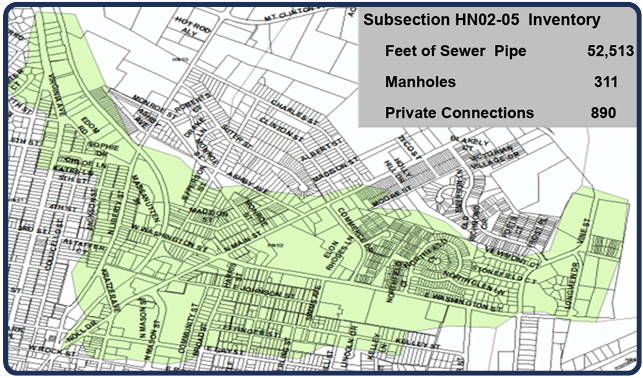 Map showing HN02-05 inventory with 52,513 feet of sewer pipe, 311 manholes, and 890 private connections.